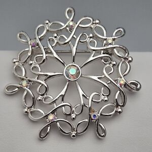 Vintage Silver Snowflake Brooch AB Aurora Borealis Rhinestones
